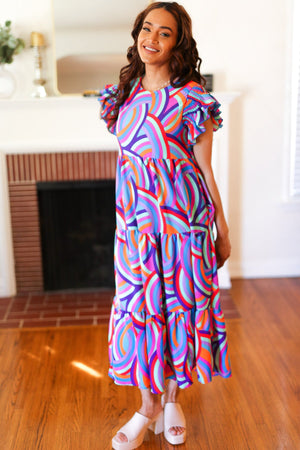 Feel Your Best Purple Abstract Print Smocked Ruffle Sleeve Maxi Dress