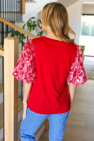 Come To Me Red Sequin Puff Short Sleeve Top