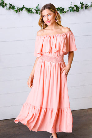 Coral off Shoulder Smocked Waist Ruffle Sleeve Midi Dress