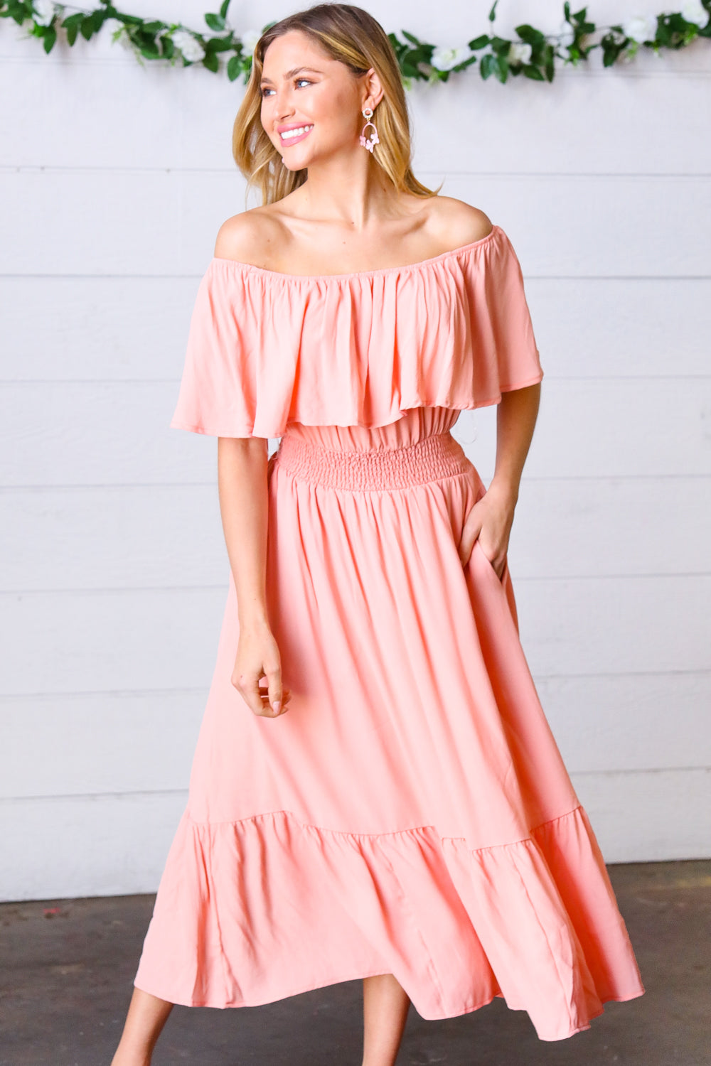 Coral off Shoulder Smocked Waist Ruffle Sleeve Midi Dress 3X Coral off Shoulder Smocked Waist Ruffle Sleeve Midi Dress 3X