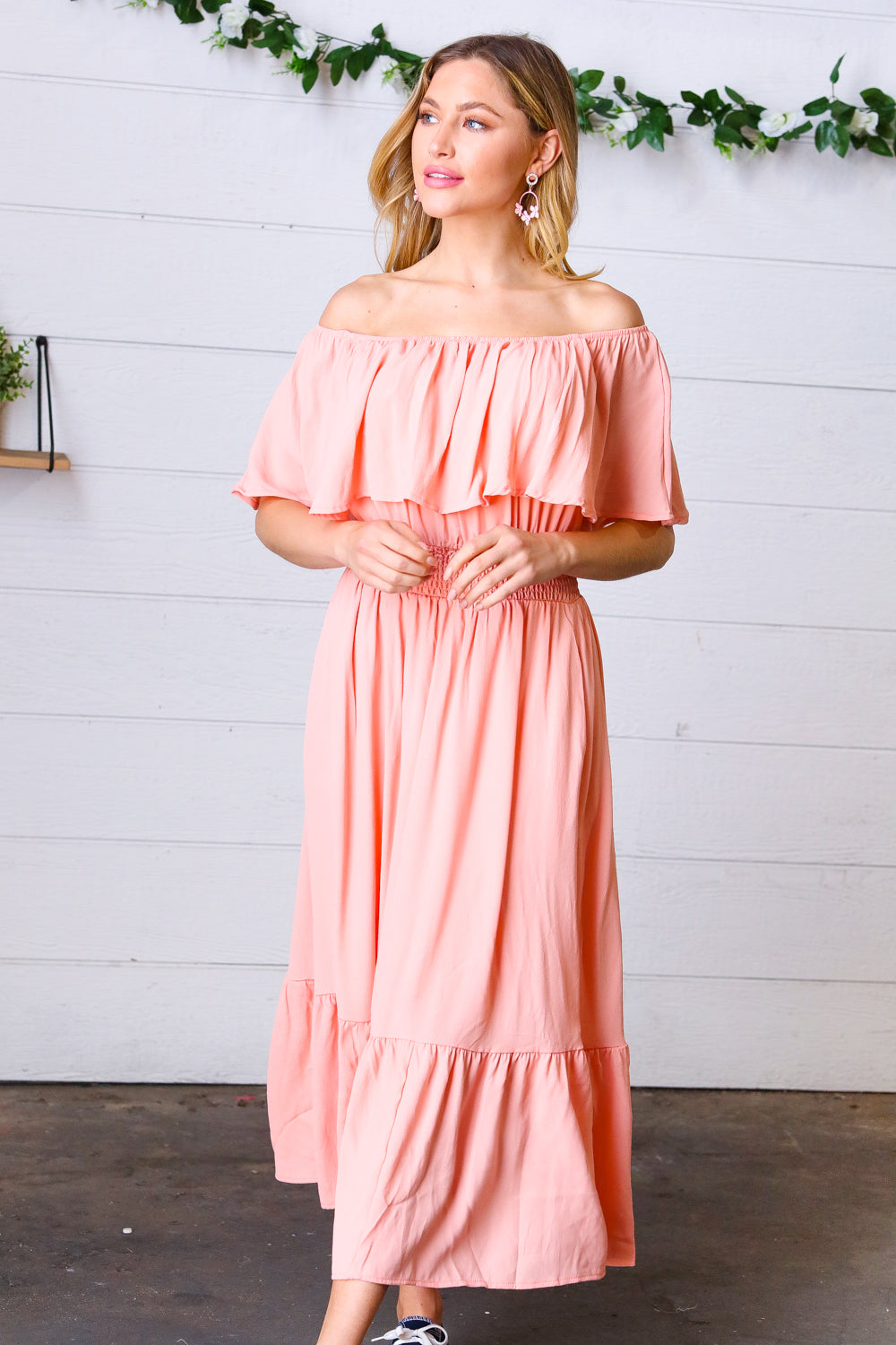 chinese dress ladies Coral Off Shoulder Smocked Waist Ruffle Sleeve Midi Dress 3X