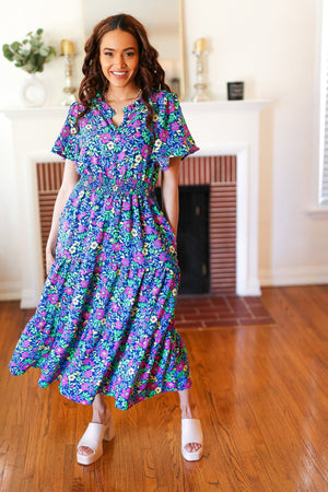 Eyes On You Navy Neon Floral Smocked Waist Maxi Dress