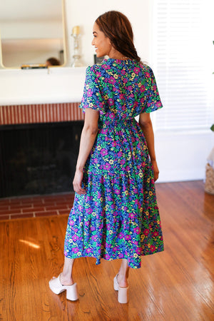 Eyes On You Navy Neon Floral Smocked Waist Maxi Dress