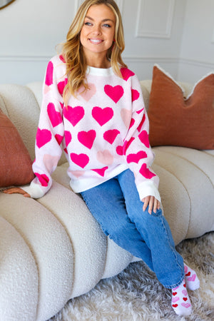 Be Mine Cream & Fuchsia Heart Oversized Sweater