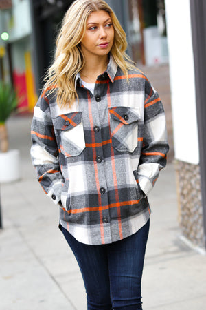 Charcoal & Rust Plaid Flannel Button Down Oversized Jacket