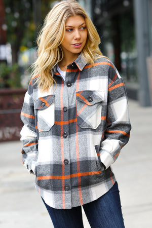 Charcoal & Rust Plaid Flannel Button Down Oversized Jacket