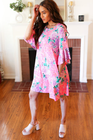 Pink Floral & Animal Print Bell Sleeve Dress