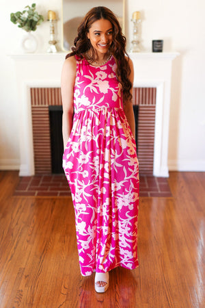 Fuchsia & Pink Big Floral Fit and Flare Sleeveless Maxi Dress
