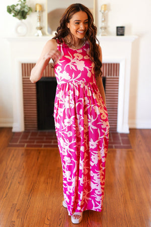 Fuchsia & Pink Big Floral Fit and Flare Sleeveless Maxi Dress