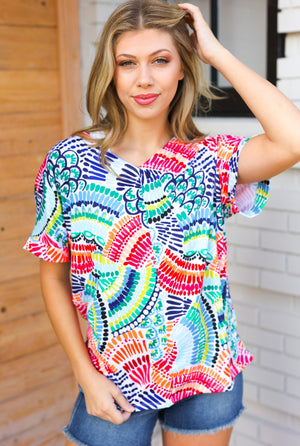Sunny Days Teal & Orange Tropical Abstract V Neck Top
