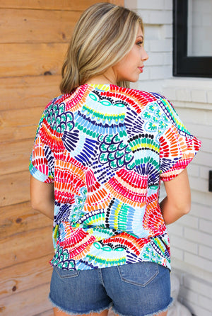 Sunny Days Teal & Orange Tropical Abstract V Neck Top
