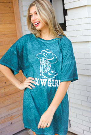 Emerald Cotton Blend COWGIRL Graphic Long Tee