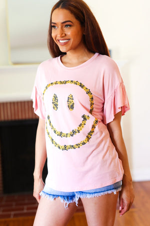 Live For Today Pink Floral Smiley Face Flutter Sleeve Tee