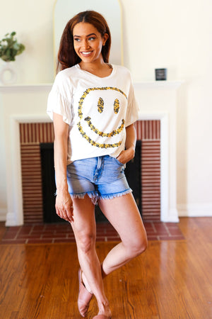 Live For Today White Floral Smiley Face Flutter Sleeve Tee