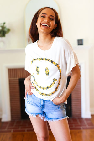 Live For Today White Floral Smiley Face Flutter Sleeve Tee