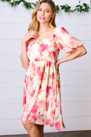 Peach Floral Chiffon Puff Sleeve Dress