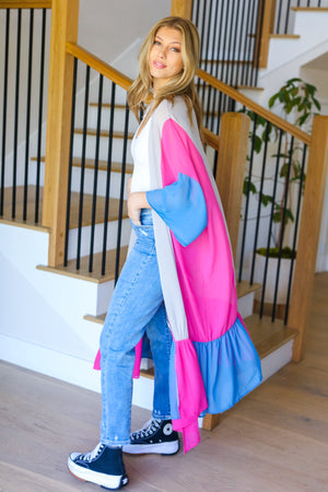Feel Your Best Taupe & Fuchsia Color Block Ruffle Hem Kimono