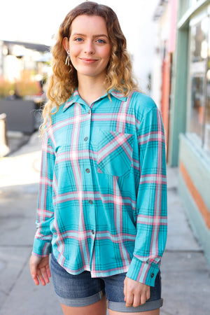 Teal & Pink Plaid Front Pocket Button Down Shacket