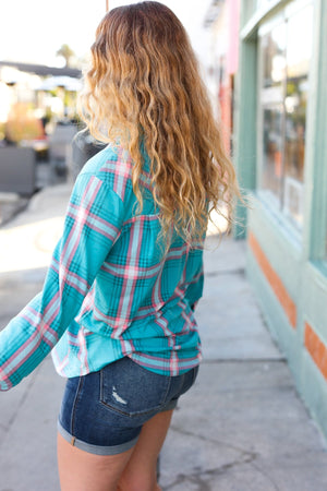 Teal & Pink Plaid Front Pocket Button Down Shacket