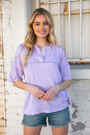 Lilac Two Tone Knit Button Down Outseam Top