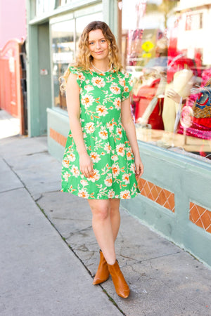 Bright Thoughts Green Floral Frill Mock Neck Ruffle Dress