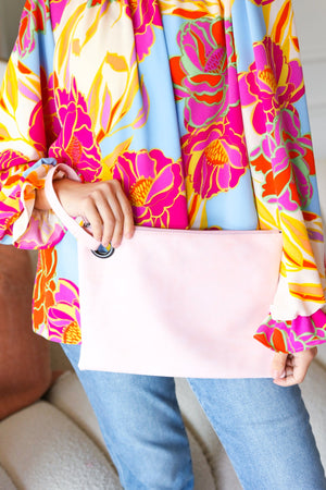 Blush Faux Leather Handle Zipper Clutch