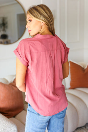 Live For Today Rose V Neck Collared Button Up Tencel Top
