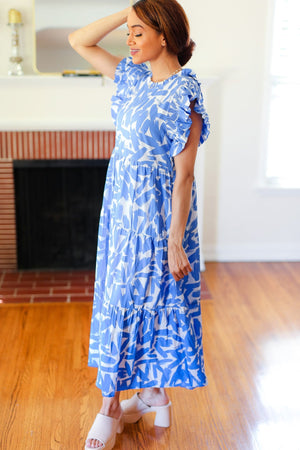 Love Found Sky Blue Abstract Print Tiered Smocked Ruffle Sleeve Maxi Dress