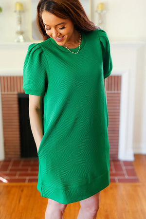 Boldy You Kelly Green Textured Puff Sleeve Dress