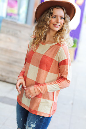 Give You Joy Rust Checker Plaid French Terry Top