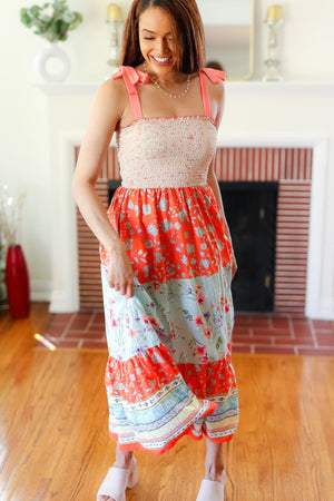 Vacay Vibes Taupe Floral Smocked Tube Top Tiered Maxi Dress
