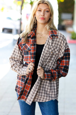 Calling On You Rust & Taupe Plaid Color Block Shacket