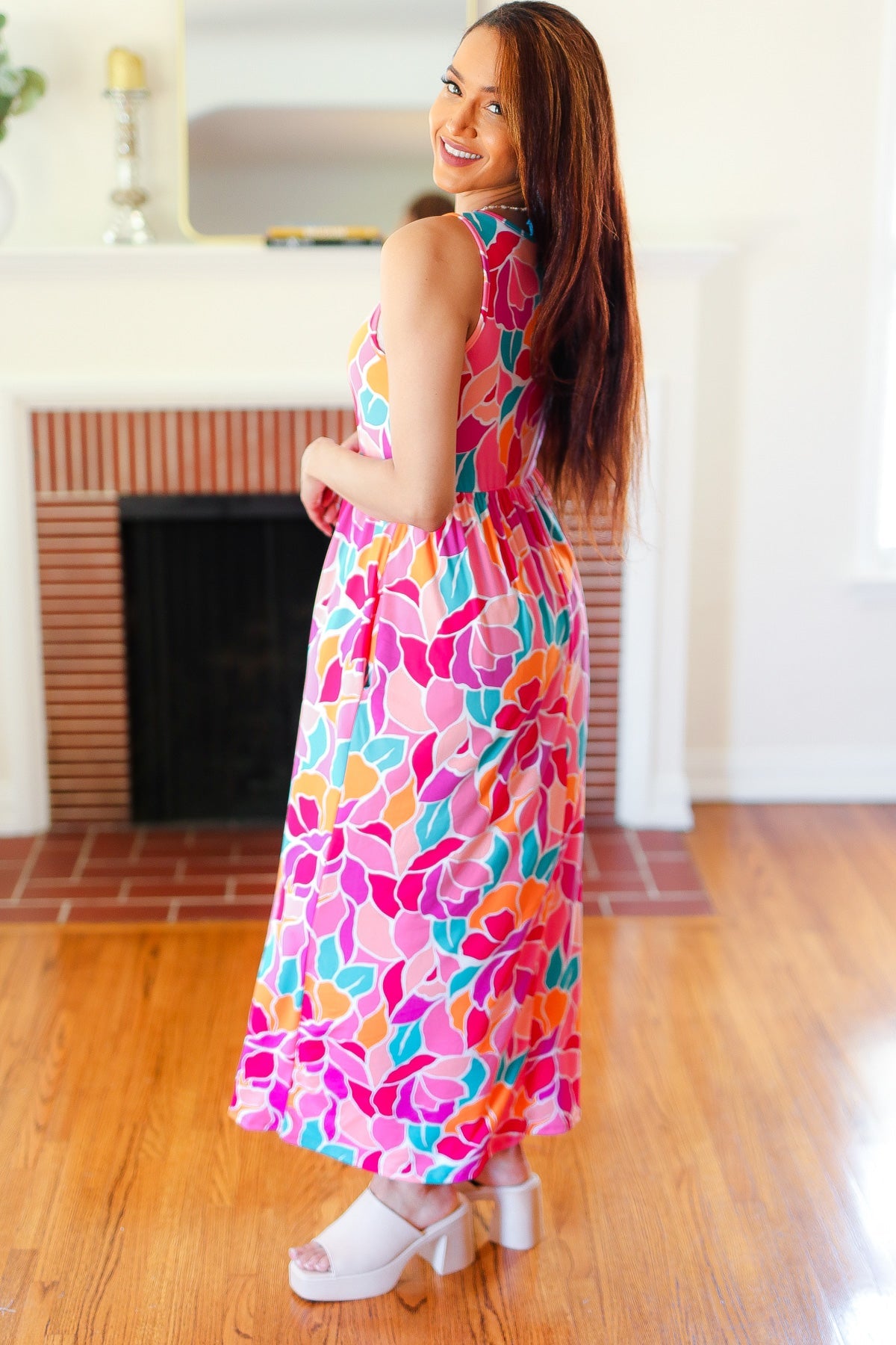 Hello Beautiful Fuchsia Abstract Floral Fit & Flare Maxi Dress Small
