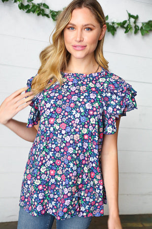 Navy Floral Mock Neck Flutter Sleeve Top