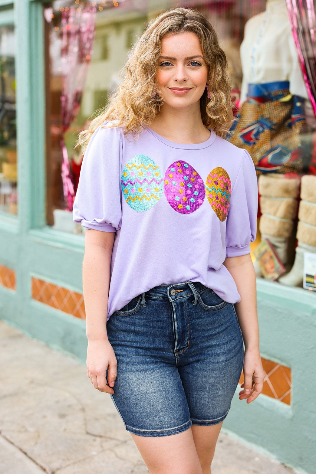 Turn Heads Lilac Sequin Easter Egg Terry Top