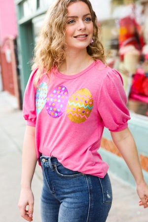 Turn Heads Hot Pink Sequin Easter Egg Terry Top