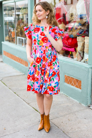Love Found Pink Floral Smocked Ruffle Sleeve Tiered Dress