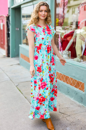 What A Vision Aqua Floral Fit & Flare Maxi Dress