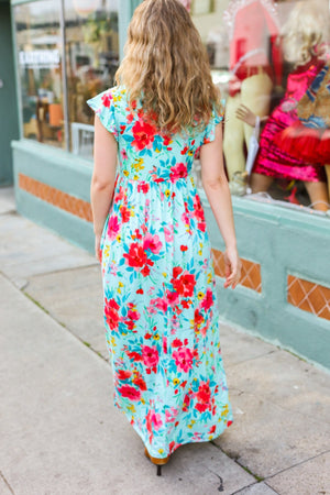 What A Vision Aqua Floral Fit & Flare Maxi Dress