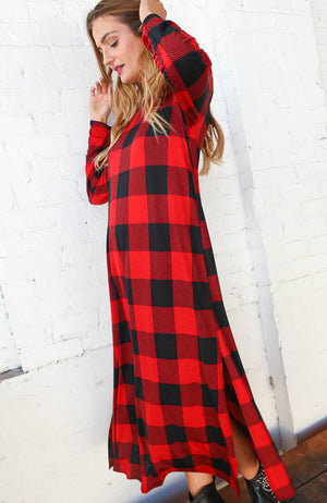 Buffalo Plaid Side Slit Maxi-Length Dress