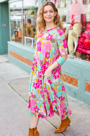 Feeling Femme' Taupe & Fuchsia Floral Print Ruffle Hem Midi Dress