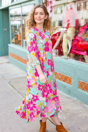 Feeling Femme' Taupe & Fuchsia Floral Print Ruffle Hem Midi Dress