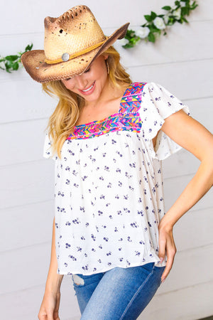 Navy Floral Multicolor Embroidered Square Neck Top