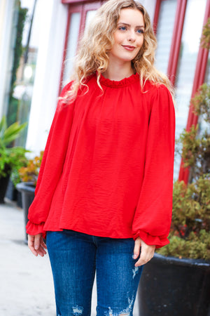 Be Merry Red Frill Mock Neck Crinkle Woven Top