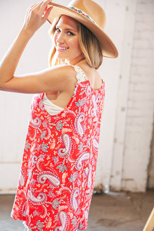 Coral Paisley Scallop Crochet Strap Tank Top