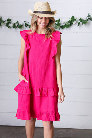 French Rose Tiered Ruffle Crinkle Dress