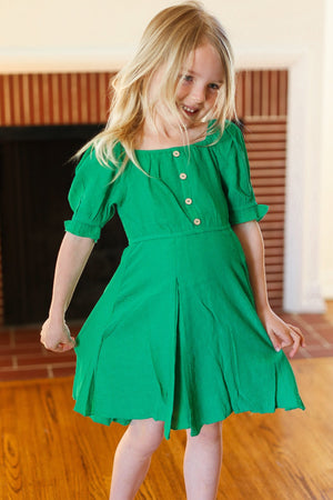 Kids Adorable Green Button Square Neck Ruche Back Dress