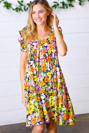 Indigo & Lemon Floral Babydoll Ruffle Dress