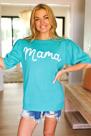 Take A Bow Mint "Mama" Embroidery Pop-Up Puff Sleeve Sweater Top