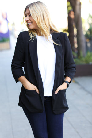 More To Love Black Notched Lapel Ruched Sleeve Blazer